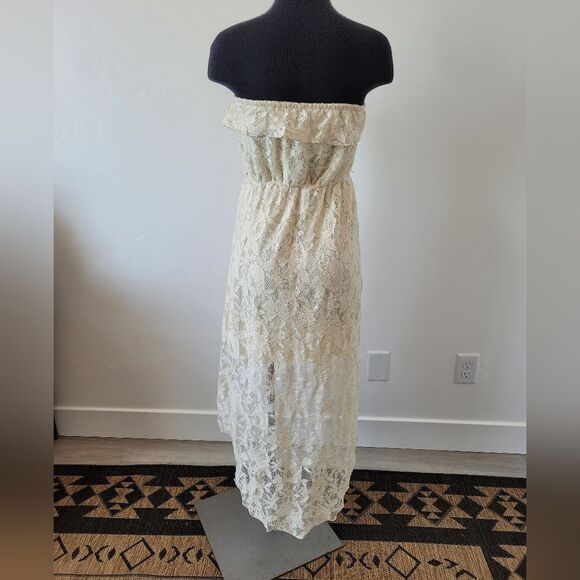 Trixxi Cream Lace High Low Dress Sleeveless Tube Top Boho Fairy Gypsy Medium - Picture 5 of 12